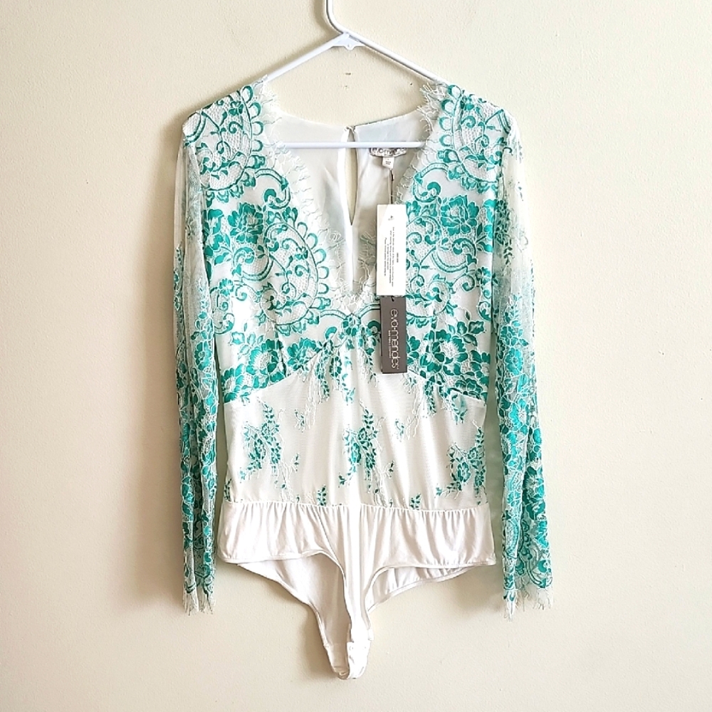 New York & Company Teal White Long Sleeve Lace Bodysuit Womens Large